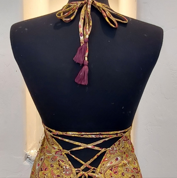 BOHEMIAN GODDESS Silk Gold, Green, Wine & Ivory Floral Maxi Dress - Picture 4 of 11